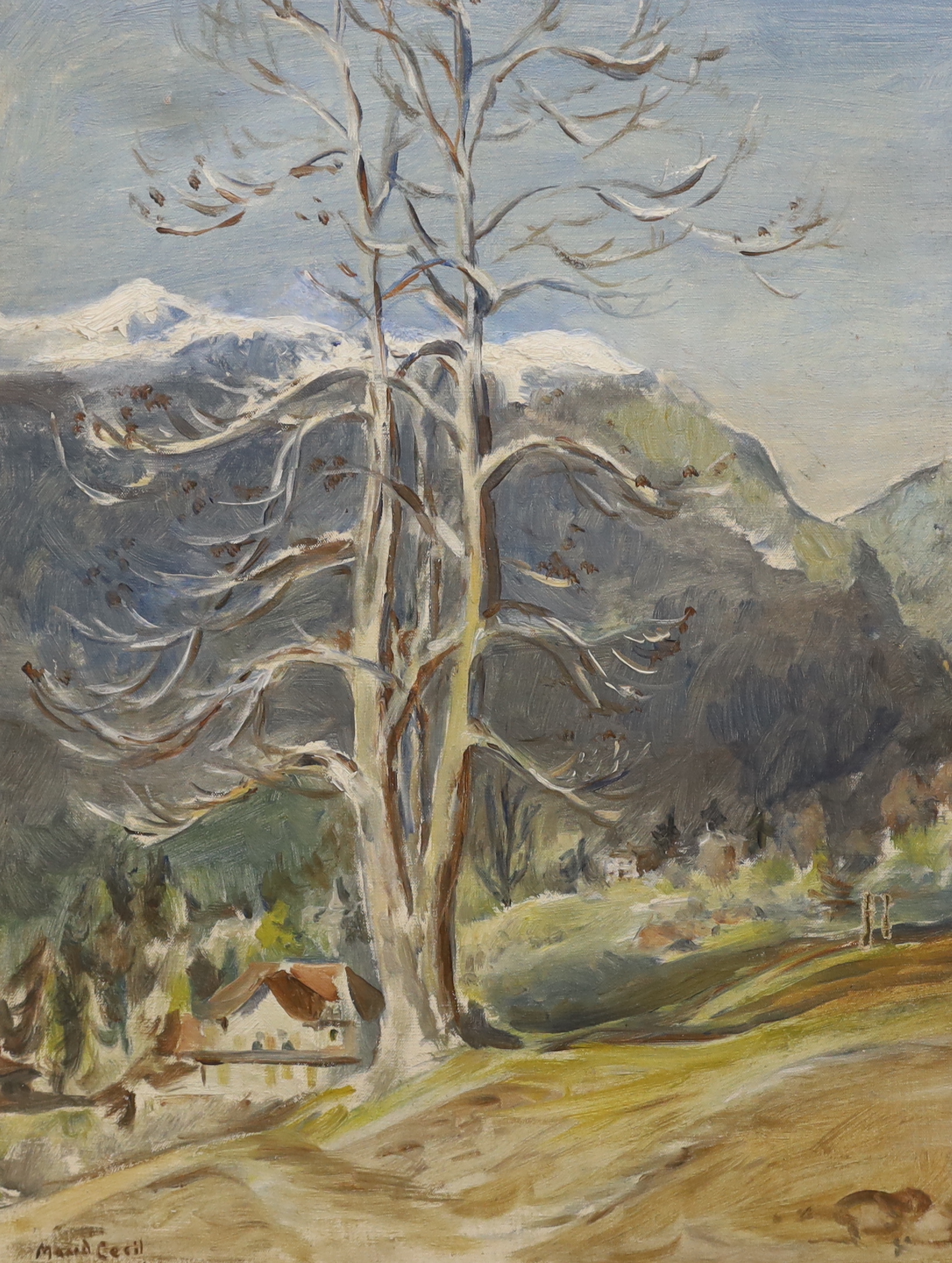 Hon. Maud Cecil (1904-1981), oil on canvas, Swiss mountainous landscape with chalets, signed and dated 1949, 50 x 40cm, unframed